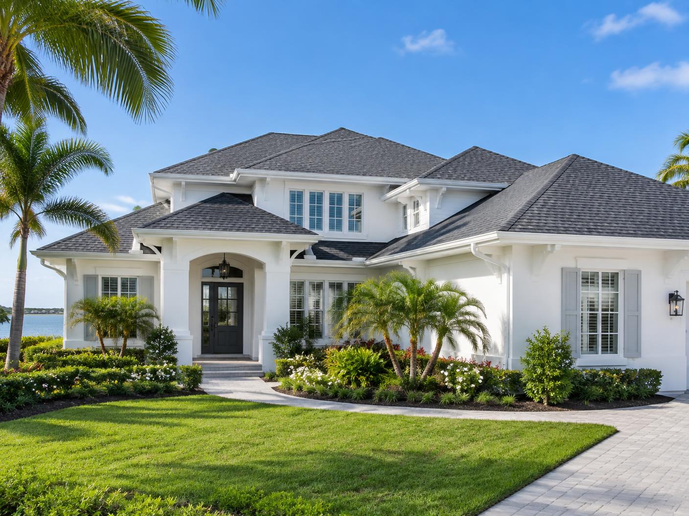 Completed charcoal shingle roof on a coastal home